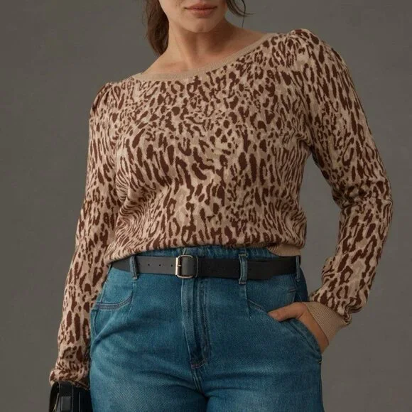 Maeve Puff Sleeve‎ Animal Print Pullover Sweater Womens XL Neutral NWOT