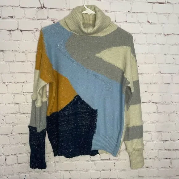 FRNCH Womens Sweater Patchwork‎ Metallic Turtleneck Size S/M Wool Laine France
