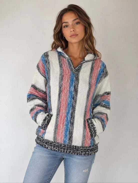 Classic Baja Striped Beach Pull Over Sweater with Hood Blue Red White Size S