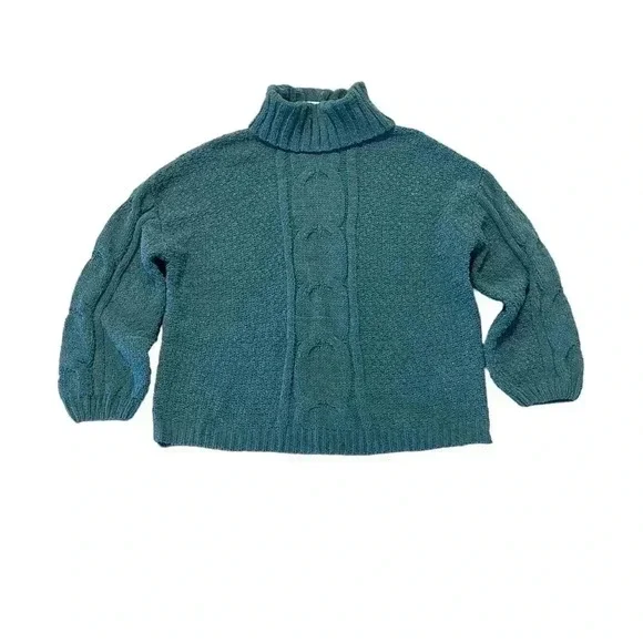 Seven7 Sweater Womens Size L Deep Teal Chenille Cable Knit Turtle Cowl‎ Neck