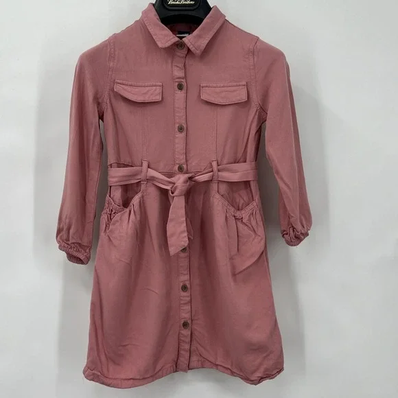Old Navy Button Up Shirt Dress Belted Balloon‎ Sleeves Sz 5T Pink Pockets