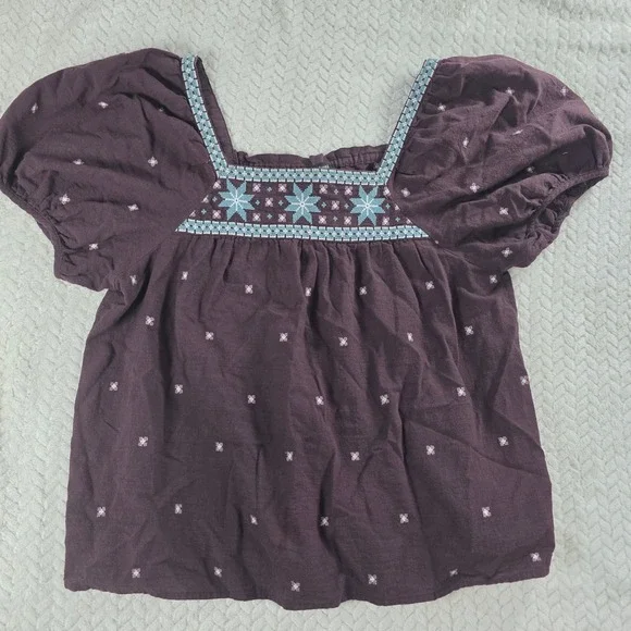 Madewell Women Embroidered Crinkle Cotton Bubble Sleeve Medium Plum Blouse Boho