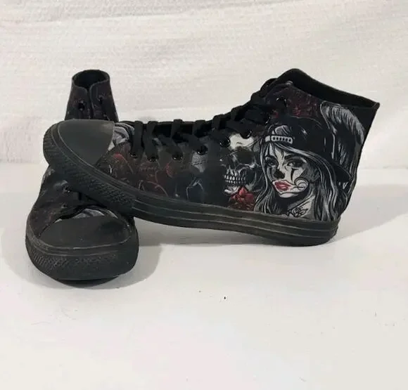 Raad Shop Shoes High Top Sneakers Men 12 Black Tattoo Girl Skull Roses