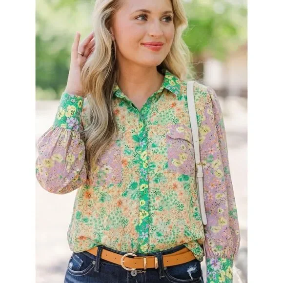 LOFT Floral Patchwork Blouse XL Boho Cottagecore Button Front Top Romantic