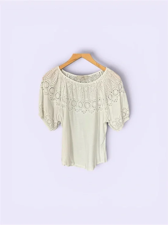LOFT Cream Eyelet Yoke Puff Sleeve Top