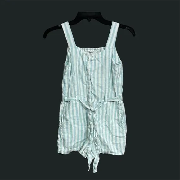 Old Navy | Girls Linen Striped Blue White Button Down Romper Jumpsuit Size L
