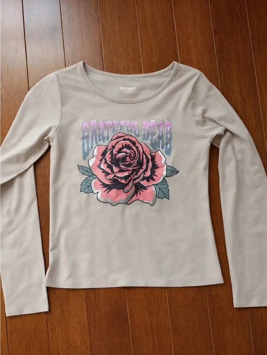 Old Navy Beige Long Sleeve Tee with Pink Rose Grateful Dead Graphic