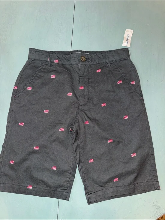 Old Navy Black Boys' Shorts with Red & White Flag Embroidery