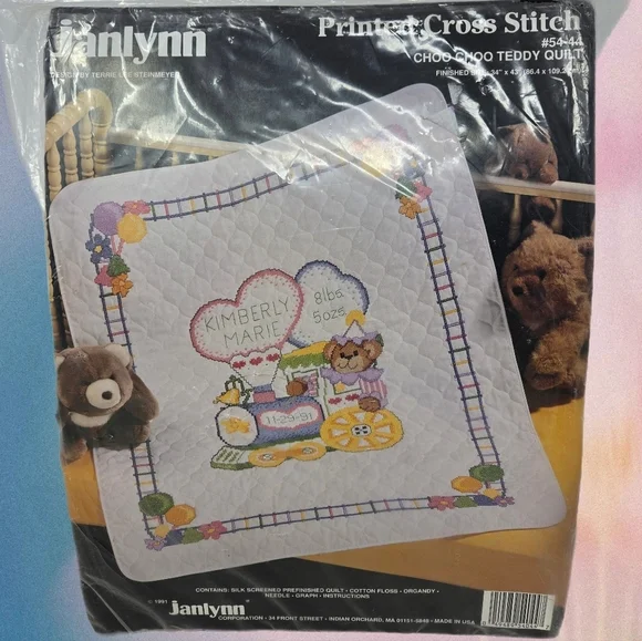 Janlynn Printed Cross Stitch Choo Choo Teddy Bear Quilt Finished Size 35x43