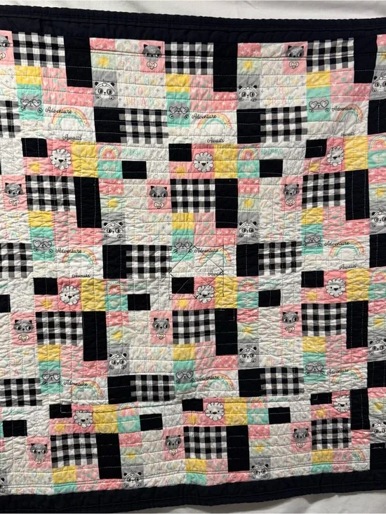 Handmade Baby Nursery Quilt Animals Rainbows & Checkered Reversible Patchwork