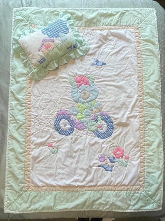 Nursery Quilted Crib Blanket & Pillow Set , Pink and Blue
