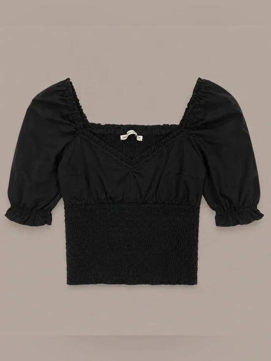 Abercrombie & Fitch Black Smocked Puff Sleeve Crop Top XS Cottagecore Coquette