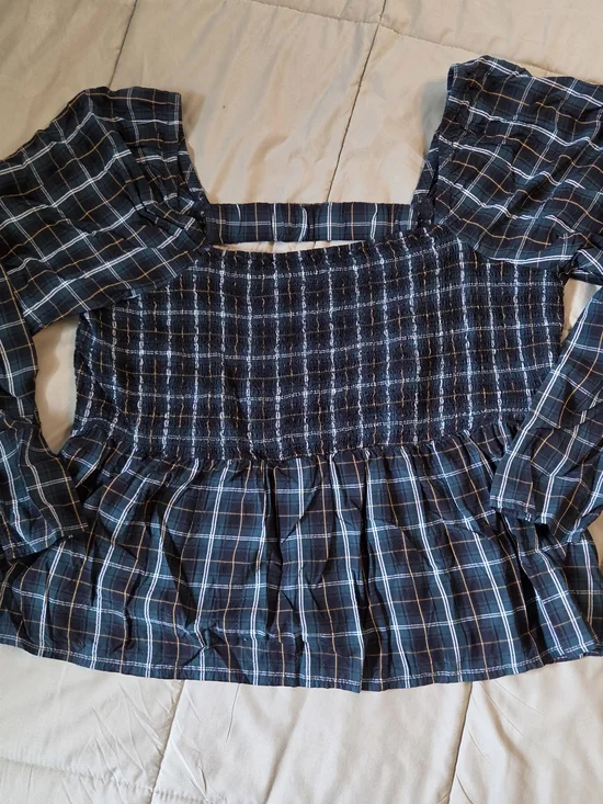 Old Navy Navy Plaid Smocked Square-Neck Top
