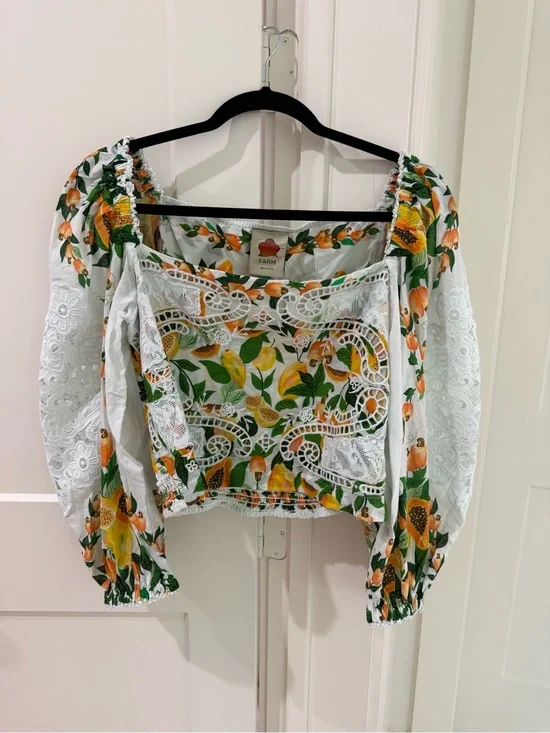 FARM Rio White Lemon & Green Leaf Lace Peasant Blouse
