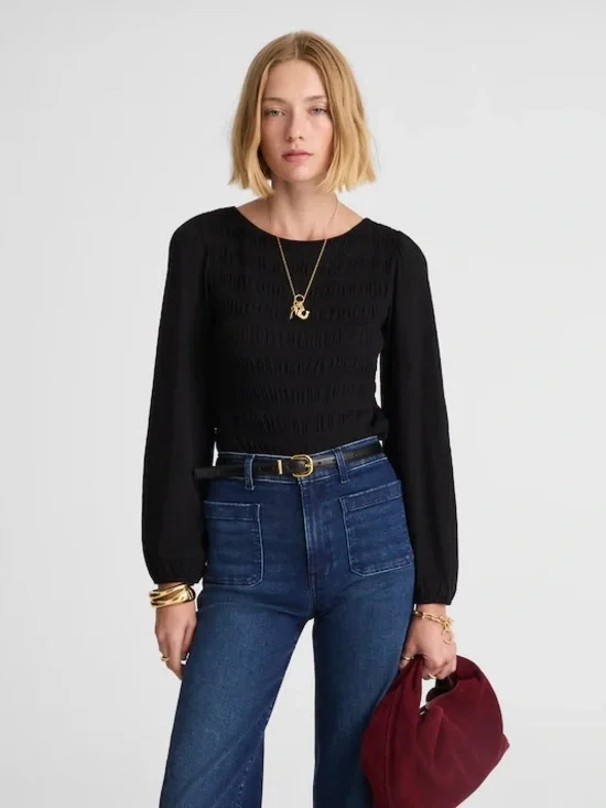 Madewell Black Smocked Long-Sleeve Blouse