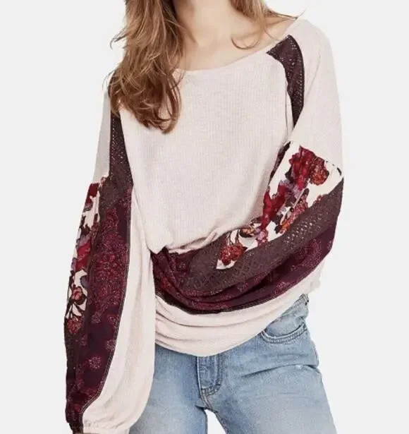 FREE PEOPLE Casual Clash Top Rose Pink Long Puff Sleeves Floral Lace Relaxed S