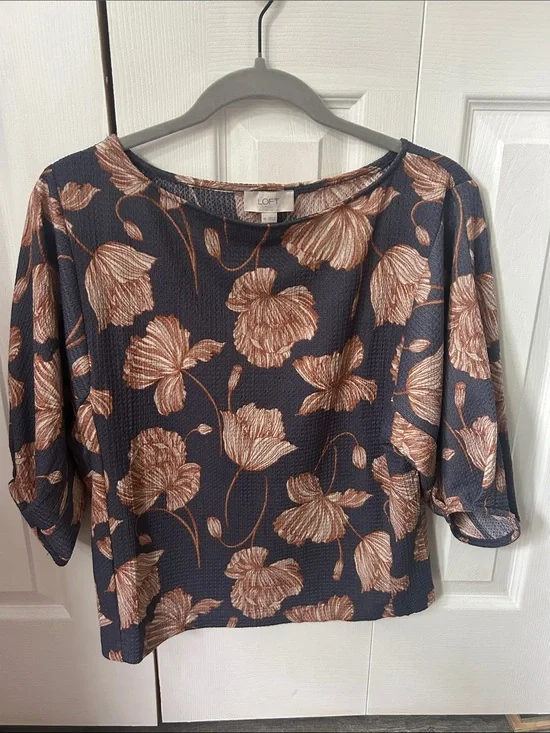 Loft Women's Navy Blue Floral Puff-Sleeve Top - chestnut Print