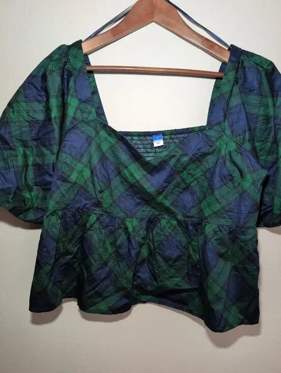 New Old Navy Plaid Peplum L Crop Puff Sleeve Green Blue Smocked Cottagecore