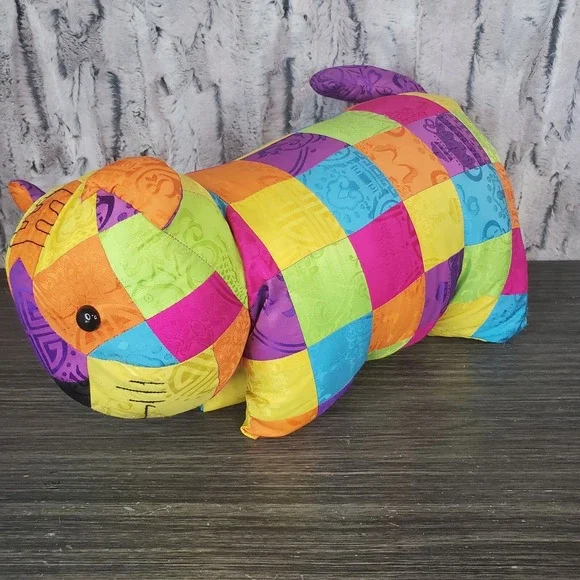 Quilted Asian Nylon Brocade Cat Pillow With Plush Kitty Head‎ PATCHWORK BRIGHT
