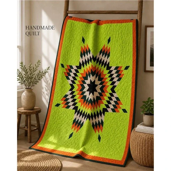Texas‎ Style Star Quilt Chili Lime Green Camo Reverse 54x48 Geometric Star