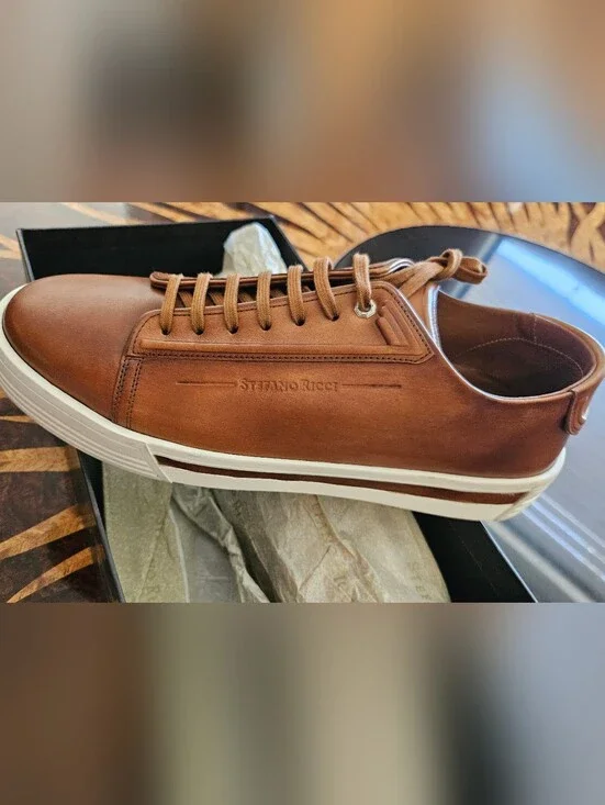 Stefano Ricci Brown Leather Low-Top Sneakers with White Sole