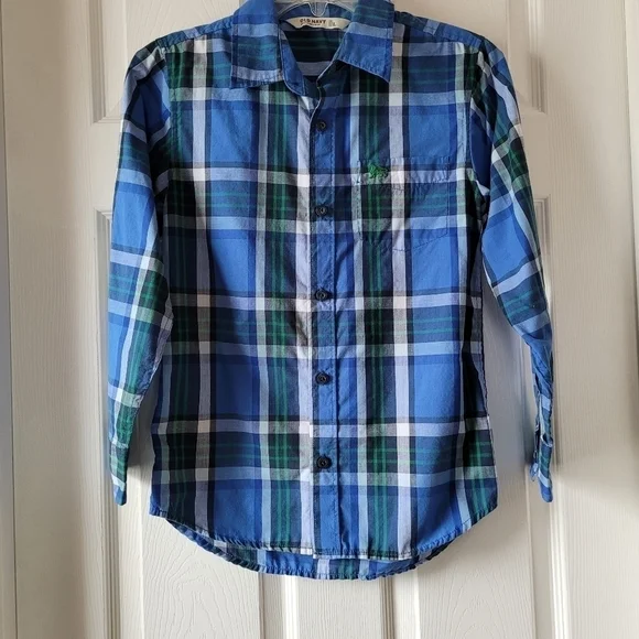 Old Navy Boys Long Sleeve Button Down Blue, Green, White Plaid Shirt Sz L