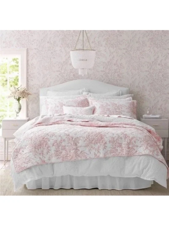 Laura Ashley Full/Queen Bedford Pink Cotton 3pc Floral Quilt Set Reversible NWT