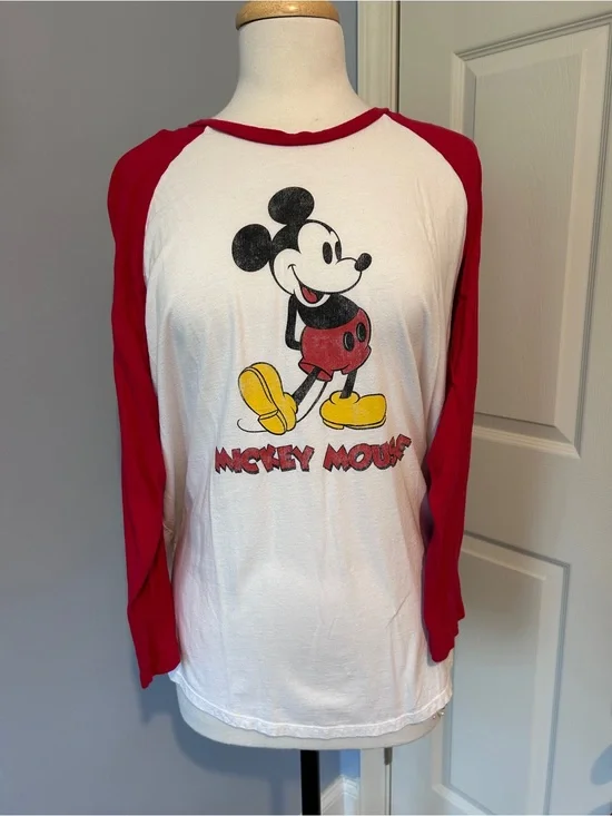 Old Navy White Tee with Red Raglan Sleeves and Mickey Graphic