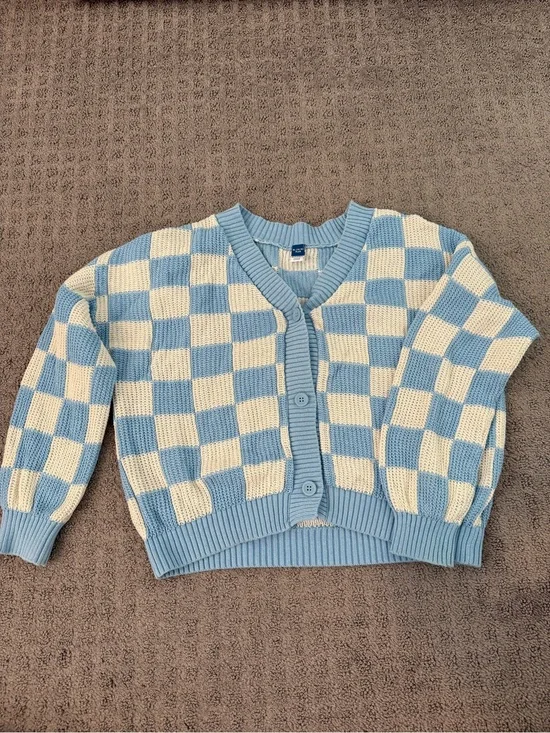 Old Navy Light Blue & Cream Checkerboard Cardigan