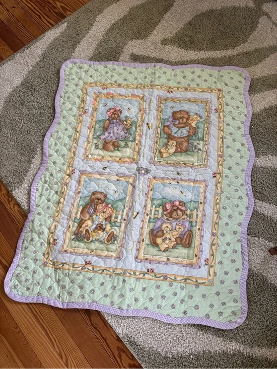 Vintage quilt baby bumble bee Pastel Bear Baby Quilt in Green and Lavender