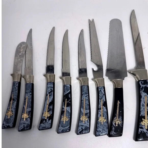 Lifetime Cutlery Knife Set Vintage 8pc Black Marble Gold Fleur De Lis Sheffield