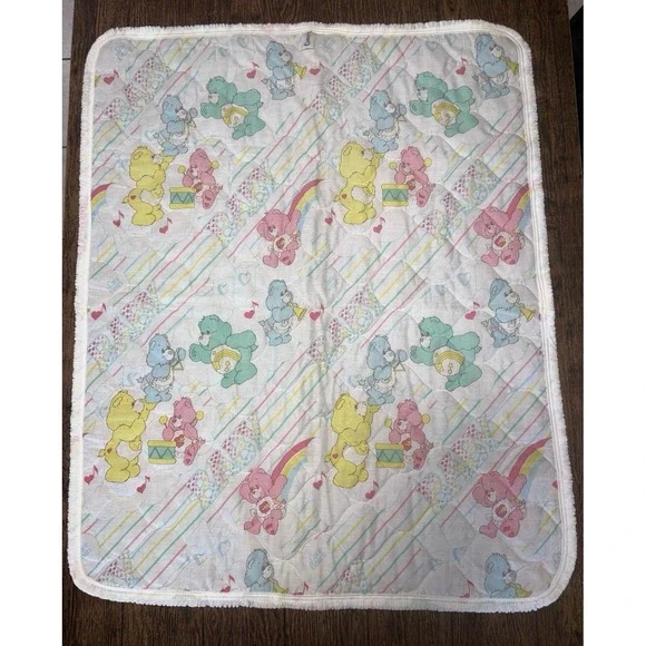 Vintage 1980s Curity Care Bears Quilted Pastel Music Baby Blanket