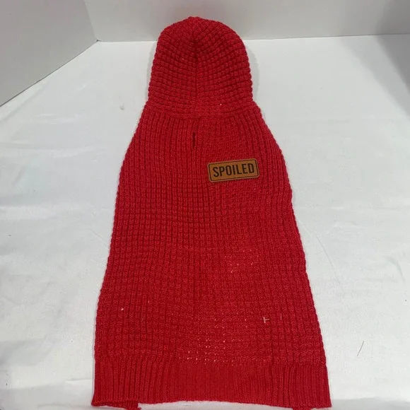Vibrant Life Red Knit Dog Hoodie Sweater Spoiled Patch Medium Pet Apparel