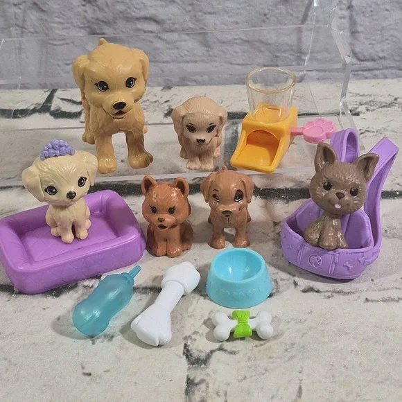 Barbie Pets Puppy Dog Lot Of 6 Figures With Bed Carrier Food Dish Bone Bottle