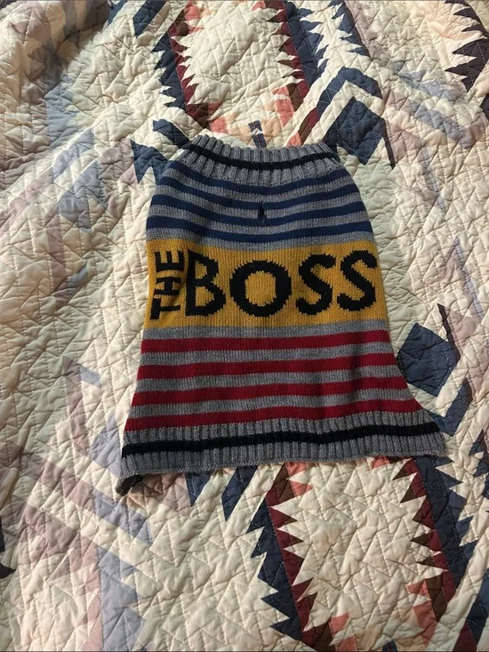 THE BOSS Striped Knit dog sweater in Gray, Navy, Mustard & Red