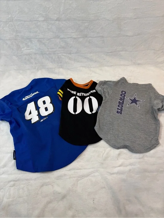 3 used (machine washed) Dog outfits size lg & med Nascar #48, Cowboys, Retreiver