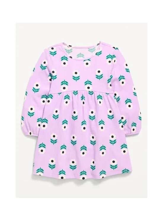 Old Navy Toddler Girls Printed Long-Sleeve Ribbed Purple Floral Print Dress NWT