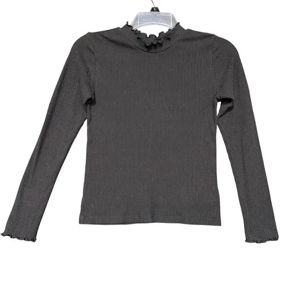 Old Navy Girls Rib Knit Shirt Top Pullover Ruffled Mock Neck Stretch Black XL