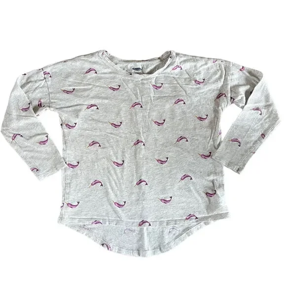 Old Navy Girls T Shirt Top Narwhal Long Sleeve Pullover Gray Purple Medium