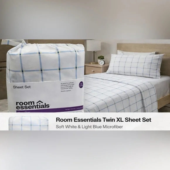 Room Essentials Twin XL Sheet‎ Set Blue Plaid Microfiber Dorm Bedding Set Target