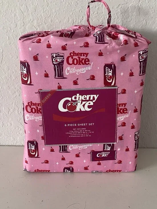 6 Piece Cherry Coke Outrageous Can QUEEN Size Sheet Set Bedding Pink Soft NEW
