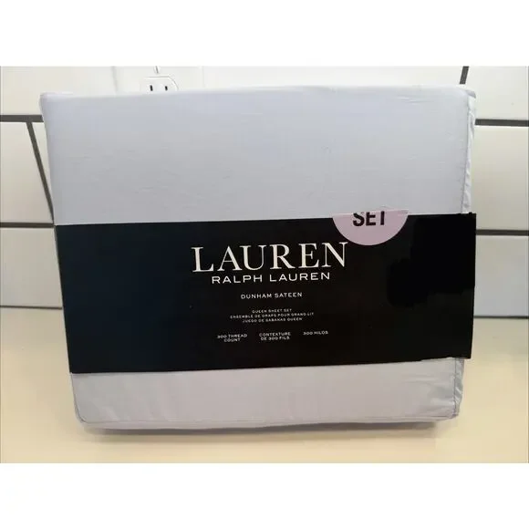 Ralph Lauren Queen Sheet Set Dunham Sateen Azure Blue 4pc Farmhouse‎ Chic 300TC