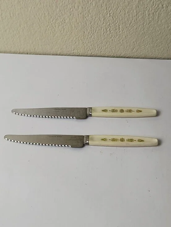 Stainless SteelSet of 2 Vintage Serrated Dinner Knives with Cream Floral Handles
