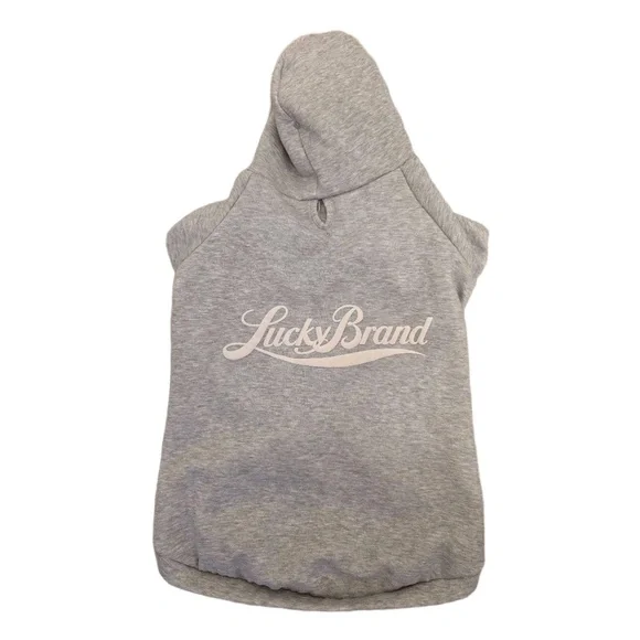 Lucky Brand Light Grey Hood Graphic Print‎ Dog Coat Velcro Closure Leash Hole