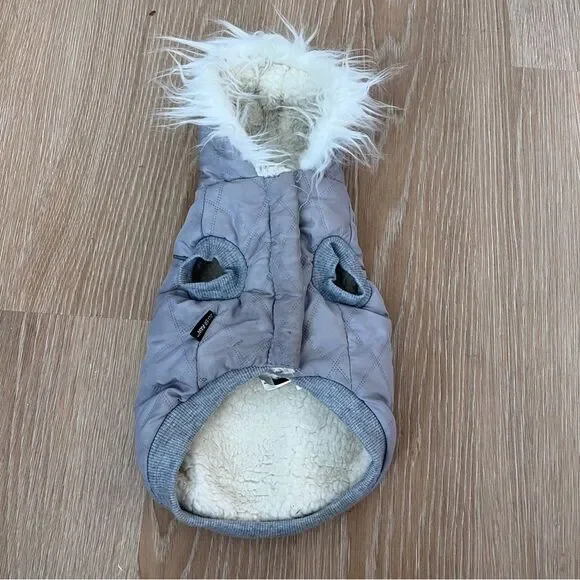 Top Paw Silver Dog Puffer Jacket Faux Fur Hood Winter Pet Coat