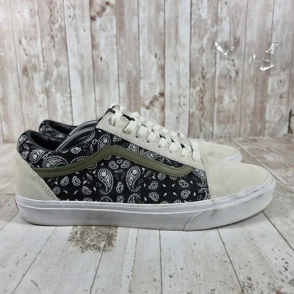 Vans Old Skool Black Paisley Cream Suede Olive Green Stripe Mens 12 Sneakers