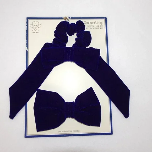 Velvet Dog Bow Tie AND Ladies Hair Tie Blue 2 Piece Set Pets Southern Living