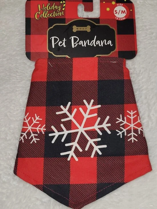 Woof Holiday Red & Black Plaid Pet Bandana with White Snowflakes - S/M