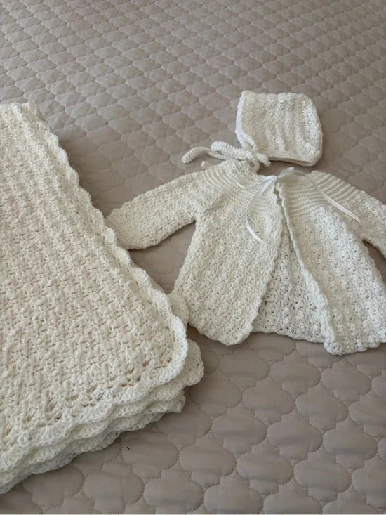 Handmade Crocheted Baby Set - Cream Blanket & Jacket with Bonnet