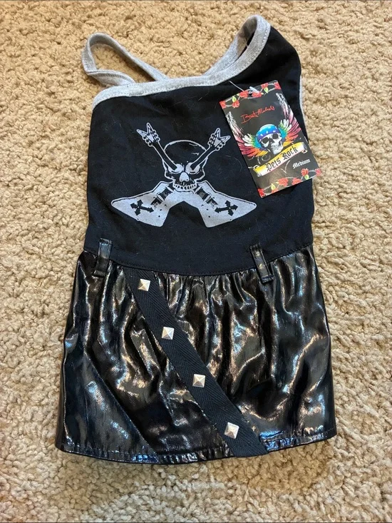Brett Michael’s Black Skull Graphic & Shiny Skirt with Faux leather and studs.